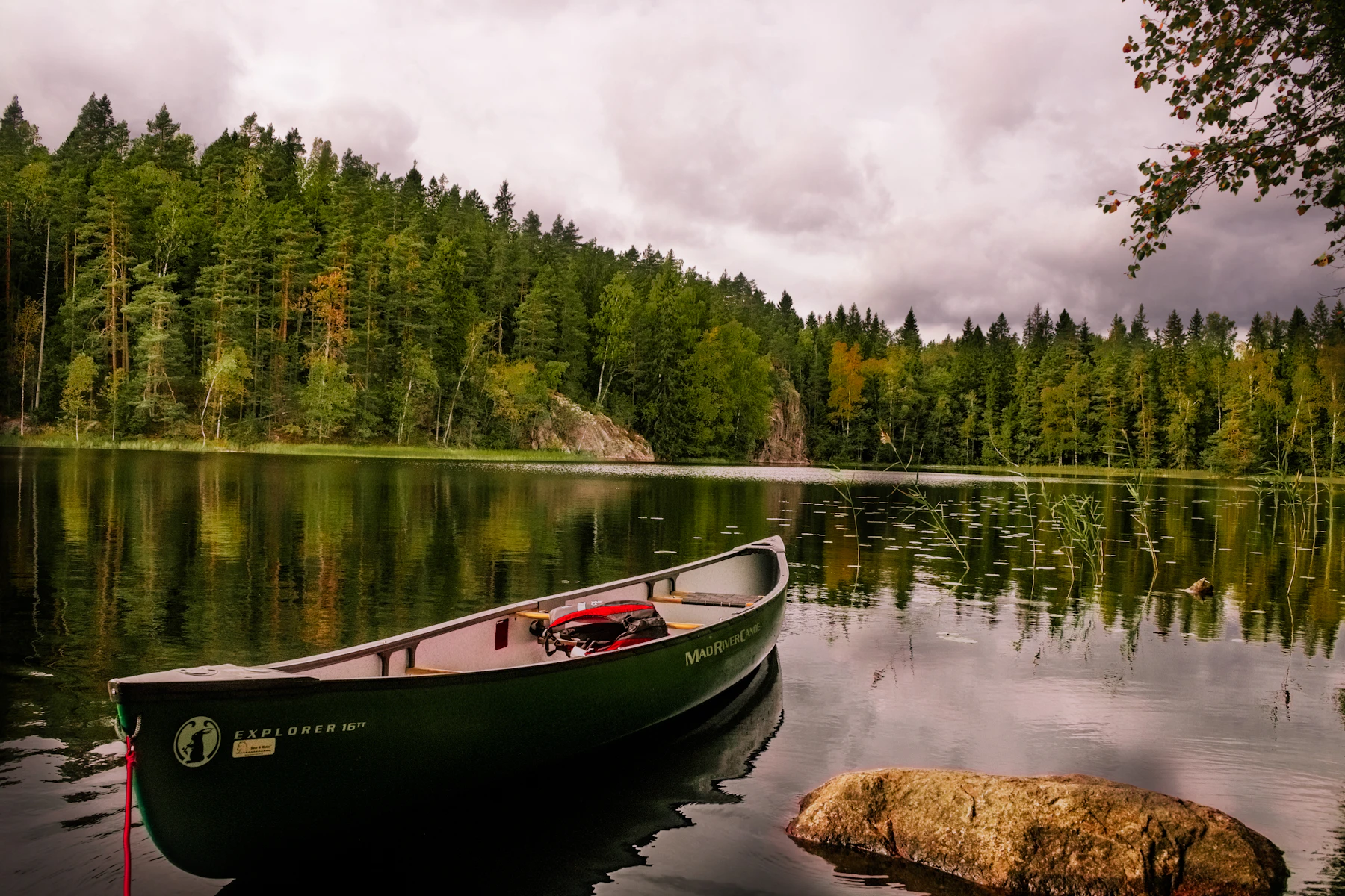 A green canoe drawn up on the shore of a still forest lake