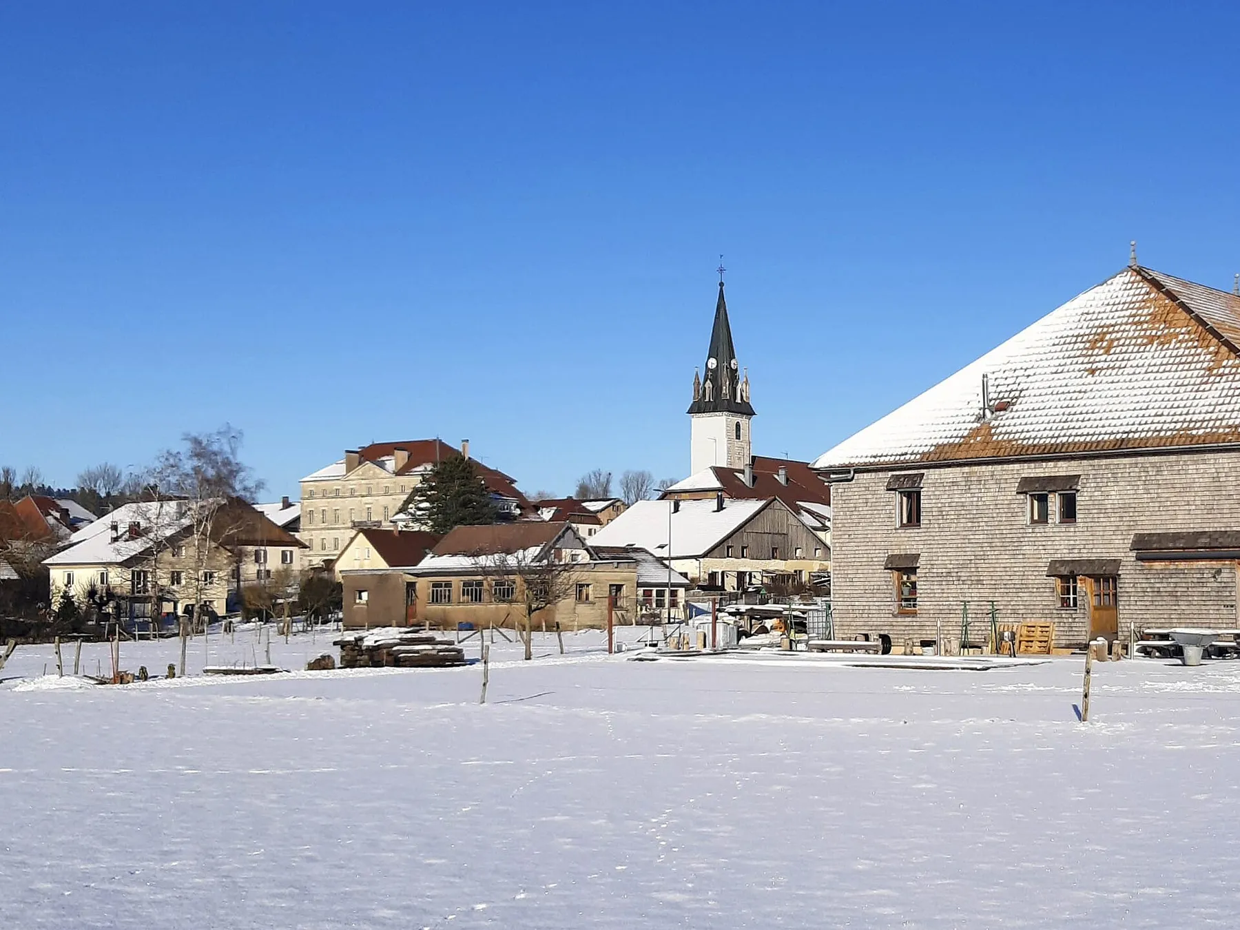 Vue hivernale du village d'Arc-sous-Cicon.