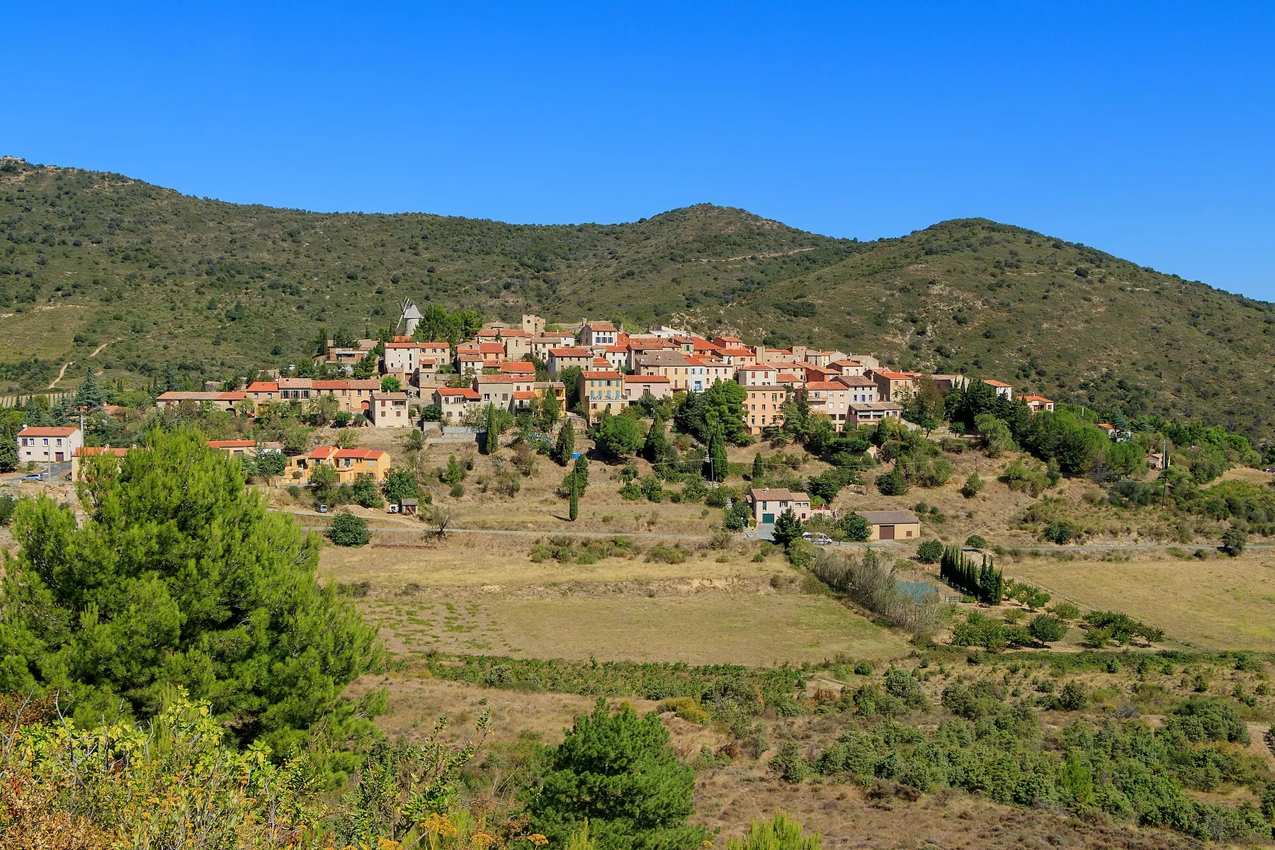 View from south on Cucugnan, Département Aude, France